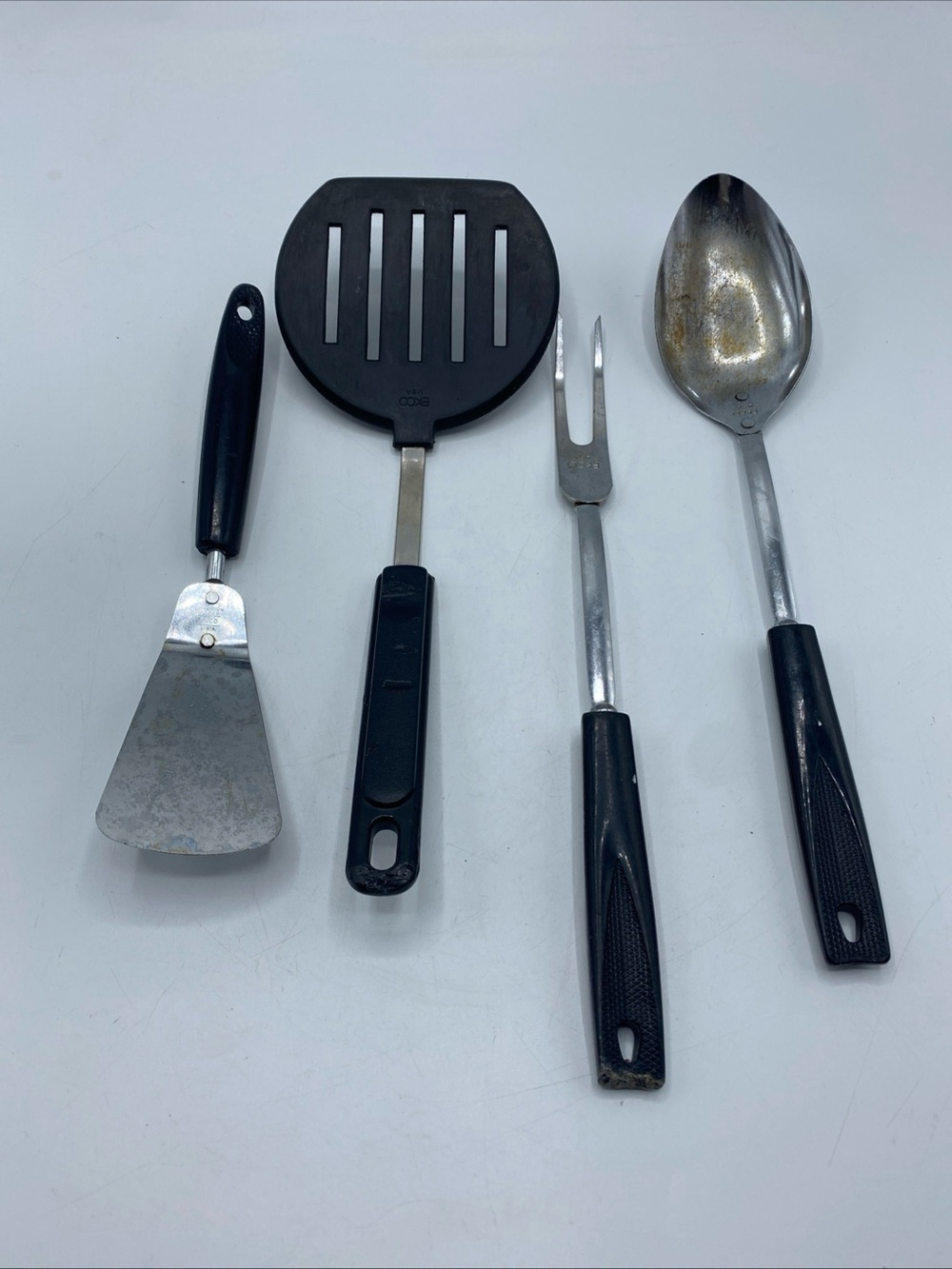 Vintage EKCO Stainless USA Kitchen Utensil Set 4 Black Handles Spatula Fork